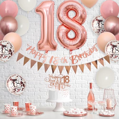 18th Birthday Decorations - Retro Pink Rose Gold, Happy 18th Birthday Banner with Cake Toppers, Number 18 Balloons, Confetti for Girls Women Birthday Party — view 6