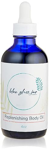 Blue Glass Jar Farmacy, Aceite corporal reabastecedor, infundido con caléndula, hidrata y cura la piel dañada, 4 onzas