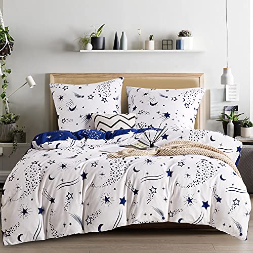 Juego de ropa de cama con diseño de estrellas, 135 x 200 cm, color blanco y azul, reversible, 2 piezas, microfibra, funda nórdica y funda de almohada de 80 x 80 cm con cremallera
