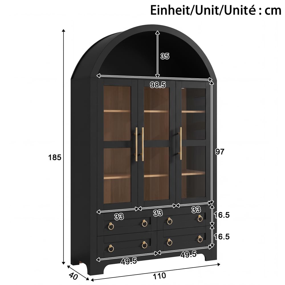 Buffet, vitrine avec 3 portes, 4 tiroirs et compartiment ouvert en arc rond, armoire de salon PB + MDF, buffet de salon, buffet avec poignées en aluminium (noir)