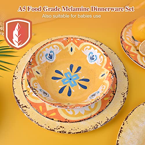 12 Piece Melamine Dinnerware Sets Service For 4 - Includes 4 Dinner Plates 4 Salad Plates And 4 Bowls Made Of A5 Melamine Use At Home & Outdoor Dining, Picnic, Camping And Rvs - Mayan Style Yellow #TOP3