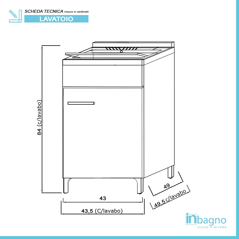 Inbagno Mobile lavatoio salvaspazio 45x50, 1 Anta con Vasca in Resina, Completo di ASSE lavapanni e Kit di Scarico