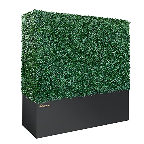 Artificial Boxwood Hedge Divider Wall with Black 201 Stainless Steel Planter Box (60″ L X 48″ H X 14″ D)