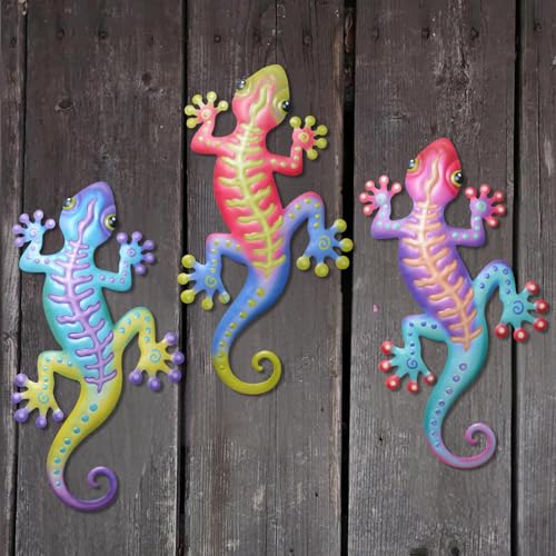 QZGXDECO 3 Pcs Metal Gecko Wall Decor, Outdoor Lizard Wall Art for Garden Fence Patio, Mexican Style Colorful 13.5" Metal Yard Art Sculptures, Hanging Ornaments for Living Room, Backyard & Pool