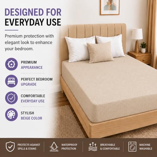 Image of Babylee 100% Waterproof King 72x72 Inch 6x6 Ft Fits Upto 10 Inch Mattress | Premium Terry Cotton Breathable Bed Protector | Mattress Cover for Double Bed | Beige