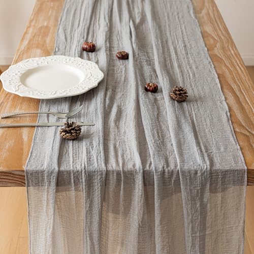 Image of Grey Cheesecloth Table Runner 120 Inches for Party Home Decorations | For Wedding Baby Shower Bridal Shower Birthday Engagement Party 10FT Rustic Boho Home Decor