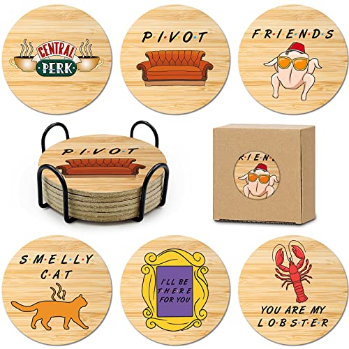 HSSPIRITZ 6 teiliges Friends Korkuntersetzer für Getränke Merchandise zur Friends TV Show lustiges Untersetzer Set mit Untersetzerhalter für Couchtisch Teetisch und Bar Geschenke zum Thema