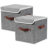 VinneGenzz 2PCS Storage Cubes with Lid Fabric Storage Bins Boxes PU Leather Handles Cotton Linen Closet Organizer Container Decorative Foldable...