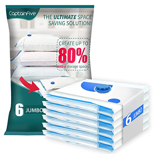 Lot de 6 Sac sous Vide Vetement Aspirateur, CaptainFive Sac de Rangement sous Vide Aspirateur 6 * JUMBO (100 x 80cm), Housses de Rangement Sous Vide Réutilisables pour Vêtements, Couettes, Literie