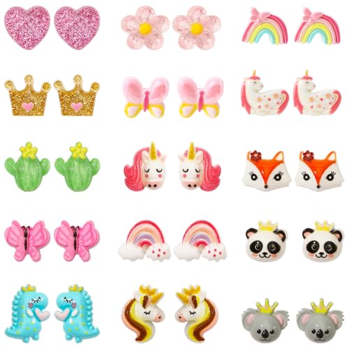 NEWITIN 15 Pairs Magnetic Stud Earrings for Girls Clip on Earring Hypoallergenic Magnet Studs Non Piercing Girls Earring Cute Magnetic Earrings for Kids Women