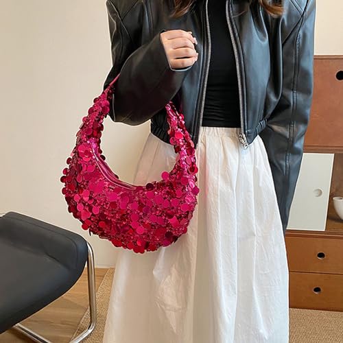 Women Hobo Handbags Sparkly Sequins Underarm Bag Y2k Shiny Evening Clutch PU Leather Crescent Moon Underarm Bag3