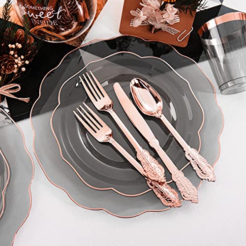 Bucla 30Guest Clear Black Plastic Plates With Rose Gold Silverware& Disposable Plastic Cups- Rose Gold Rim Plastic Dinnerware Ideal For Birthday Parties #TOP4