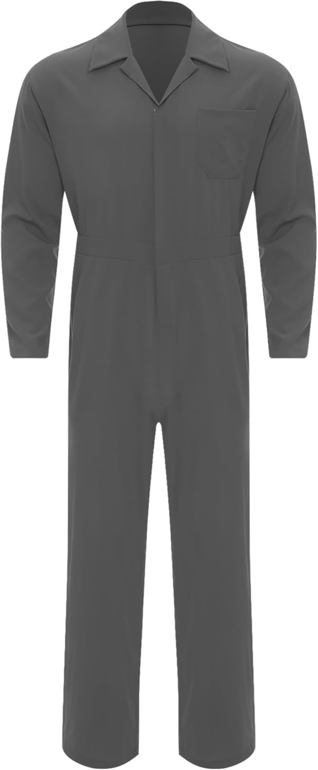 Men's One Piece Work Uniform Jumpsuit Long Sleeve Stylish Turn Down Collar Coveralls Mechanics Work Clothes Grey Large