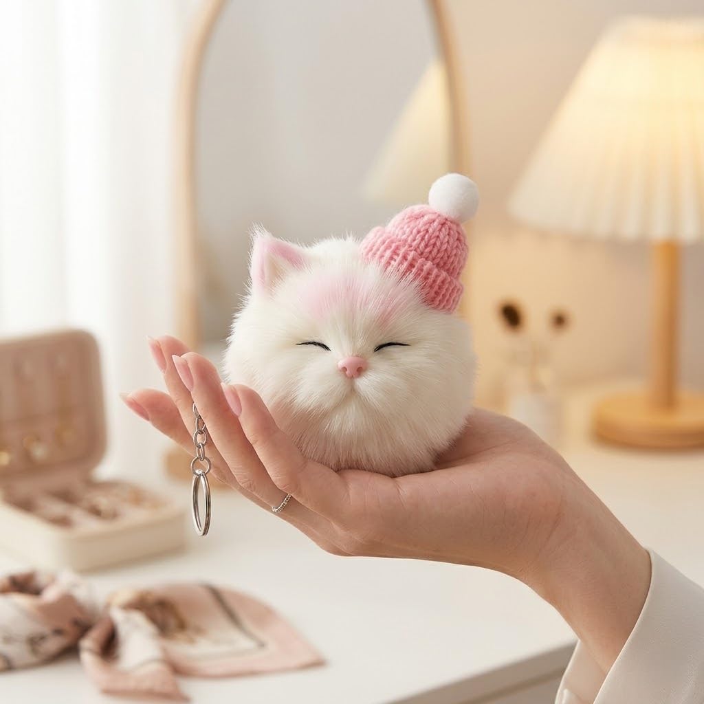 Smart Choiz Cute Cat Pompom Keychain, Soft Fur Plush Kitten