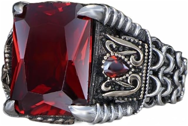 Cable Chain Design 925 Sterling Silver Garnet Stone Men's Ring, Handmade Silver Ring for Men, Red Garnet Stone Ring, Man Silver Garnet Stone Ring