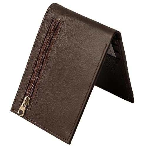 Unisex Mens Womens Slim Minimalist Genuine Leather Card Wallet RFID Block Sleek Bifold Brown Zip Coins Pocket, BROWN, RFID Safe Genuine Leather Cards Wallet2