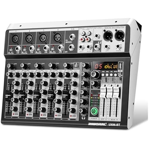 6 Channel Audio Interface Sound Board Mixing Console 16-Bit DSP DJ Mixer Audio Reverb Effect +48V Phantom Bluetooth Studio Audio Mixer For Karaoke Studio Streaming Recording