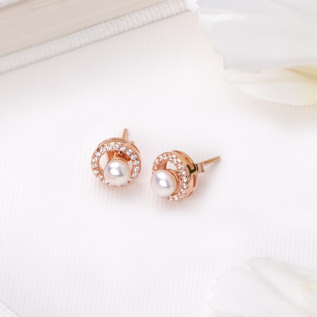 Women's 925 Sterling Silver CZ Encircled Pearl Rose Plated Stud Earrings