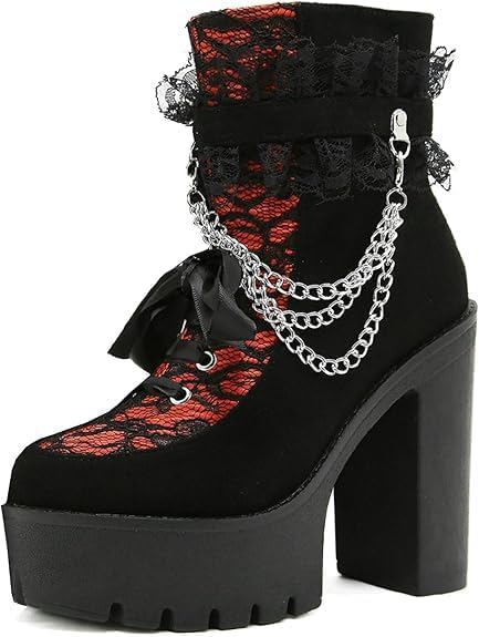 Womens Lace Platform Boots Goth Chunky High Heels Ankle Combat Zipper Ankle Platform Boots for Women Goth