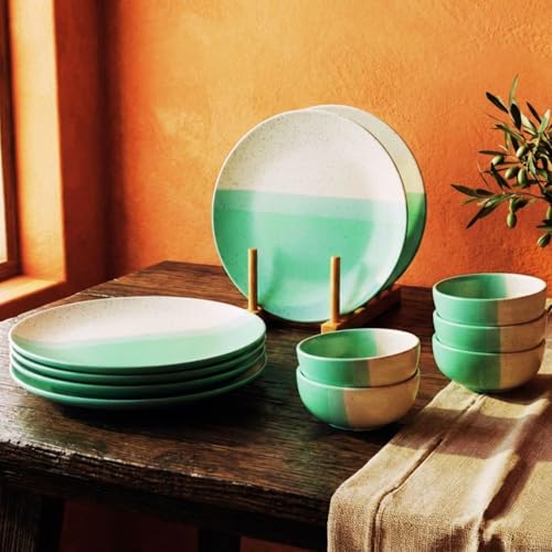 Image of Ceramic Dinner Set | 6-Piece Dual Tone Mint Green & Beige Speckled Plates & 6 Bowls | Elegant Serving Set for Meals & Dining Table