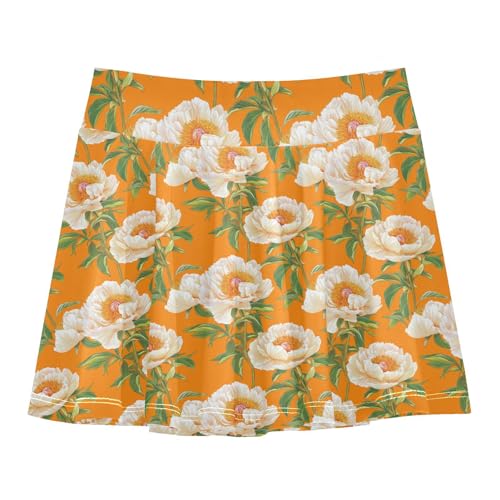 JUNZAN Elegant Peonies Girls Tennis Skirts with Shorts Flowy Pleated Skirt Kids with Pockets Skorts for Little Girl Orange