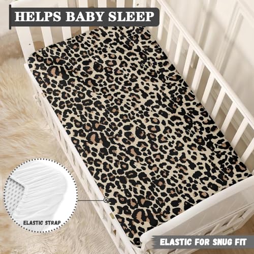 Image of Brown Leopard Baby Crib Sheets for Boys Girls Animal Print Fitted Crib Sheet for Standard Crib and Toddler Mattress Animal Skin Baby Mattress Sheets Toddler Bed Sheet 52x28x8 in