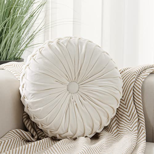 Round Throw Pillow Round Velvet Pillow Pleated Round Filled Pillow Home Decorative Throw Pillow Cushion For Couch Chair Bed Car Floor (White, 14Inch) #TOP2