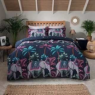 Sleepdown Jungle Elephant Navy Blue Pink Reversible Night Sky Duvet Cover Quilt and Pillow Cases Bedding Set Soft Easy Care - King (230cm x 220cm)