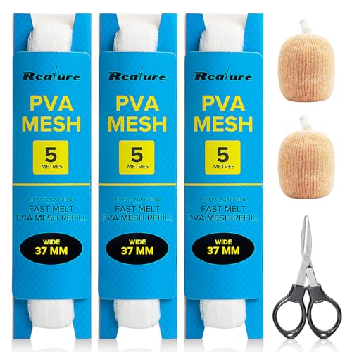 Realure 3 Stück 5M PVA Netz Angeln Nachfüllung 25mm/37mm/44mm Breit PVA Mesh Karpfen Zubehör mit Schere, Schnell Schmelzend PVA Beutel Angeln PVA Bags für Boilie Köder Futter