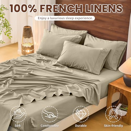 Image of Bedlifes 100% French Linen King Bed Sheet Set - 16 inch Deep Pocket, 4-Piece | Soft & Durable, Breathable & Cooling, Pure Flax Linen, OEKO-TEX Certified, Moisture-Wicking, Easy Care, Machine Washable