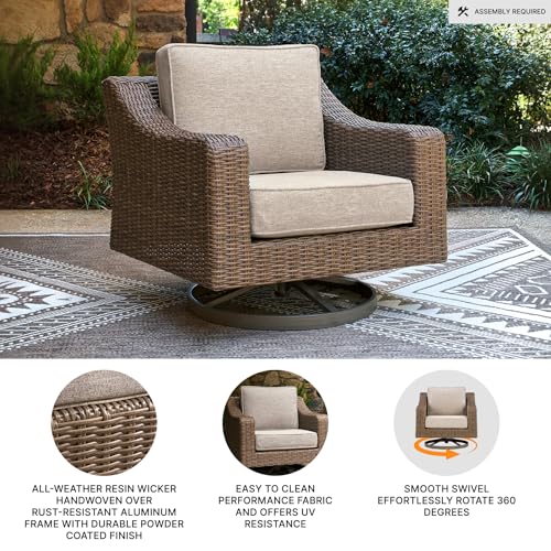 Image of Signature Design by Ashley Carmel Bay Casual Weather and UV Resistant Outdoor Swivel Lounge with Cushion, Light Brown & Beige