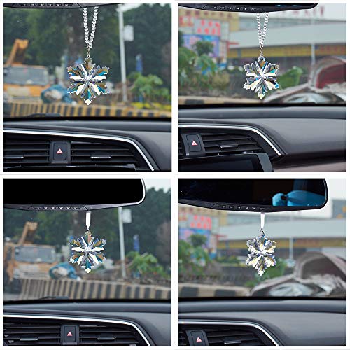 Image of Crystal Snowflake Car Rear View Mirror Pendant Xmas Car Hanging Ornament Car Charm, Colorful