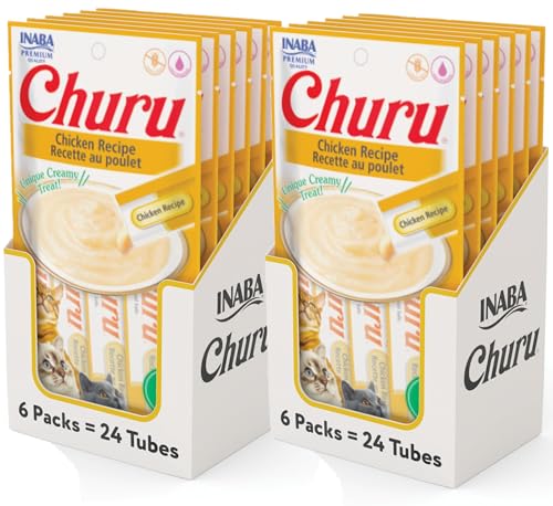Image of INABA Churu Cat Treats, Grain-Free, Lickable, Squeezable Creamy Puree Cat Treat /Topper with Vitamin E & Taurine, 0.5 Ounces Each Tube, 48 Tubes (4 per Pack), Chicken Recipe