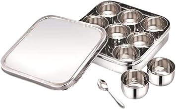 Square Shape Stainless Steel 9 Spice Container With Steel Lid And 1 Spoon, Masala Box Silver