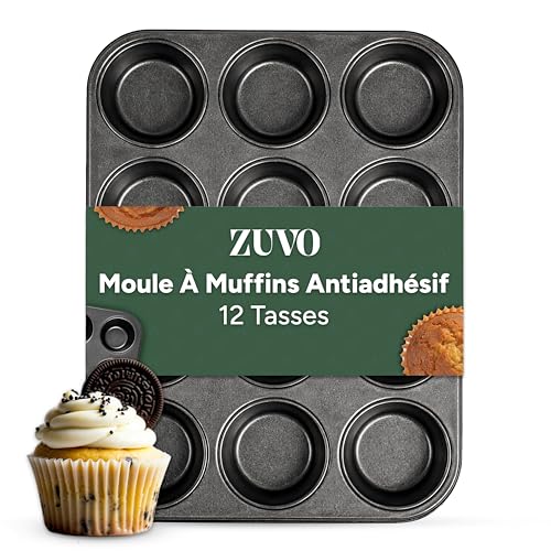 Zuvo Moule à Muffins et Cupcakes 12 Cavités | Plaque de Cuisson Antiadhésive en Acier Carbone | 33 x 26,5 x 3 cm | Résistant Four, Congélateur &...