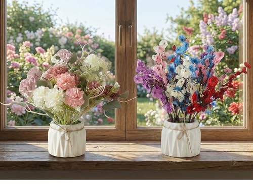Image of Dekorly Artificial Lavender Plant in White Pot, 18cm - Realistic Faux Flower Arrangement for Home & Office Decor (Set of 1) (2, Combo of Baby Breath and Small Chrysanthemum)