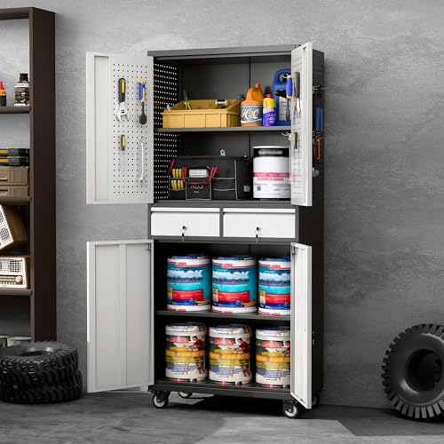 Image of Aobabo 71 inch H 2 Drawer Metal Storage Cabinet with Wheels and 4 Pegboards,Lockable Steel Garage Storage Cabinet with 2 Adjustable Shelves,Black Sliver,Assembly Required