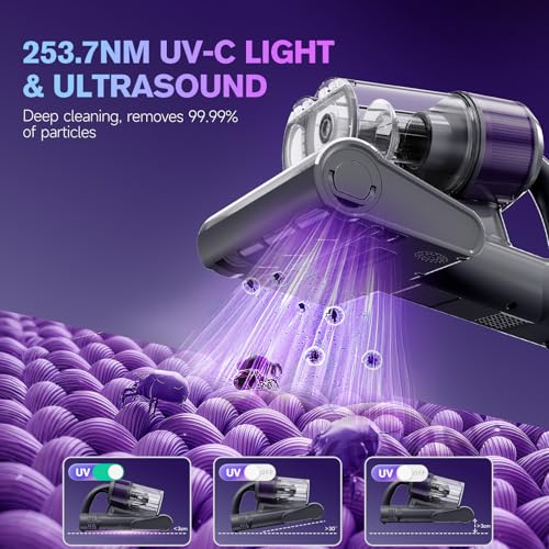 Image of Mxnsewr Mattress Vacuum Cleaner, Ultrasonic Bed Vacuum Cleaner with 18Kpa Strong Suction, 150F Heat & 253.7nm UV-C Light, Intelligent Dual Cup, One-Click Dust Removal for Bed, Sofa, Carpet, Gray