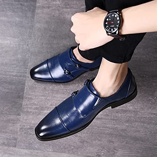 Dress Oxford for Men Slip On Monk Strap Cap Toe Black Burnished Toe PU Leather Non Slip Low Top Block Heel Anti-Slip Casual(Blue,10 M US)2