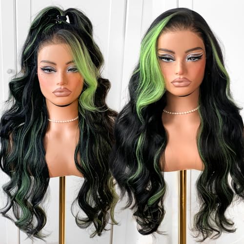 MITIMES Halloween 13x6 Green Skunk Stripe Cosplay Wig Glueless Lace Front Wigs Pre Plucked Synthetic Body Wave Wig Wear And Go Lace Front Wig For Black Women