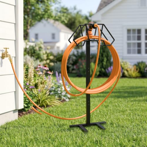 Giraffe Tools Garden Hose Holder Freestanding Heavy Duty Water Hose Holder Metal Stand Holds 150FT Hose with 4 Spikes Sturdy Hose Storage Stand for Outside Yard Lawn Garden Black
