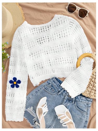 Women's Floral Embroidered Crochet Sweater Cardigan Tie Front Hollow Out Knitted Crop Tops2
