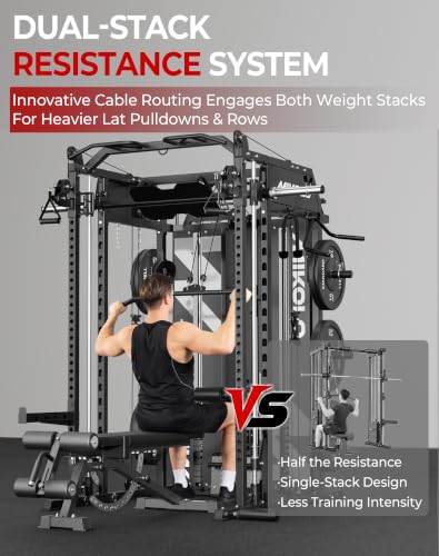 Image of Mikolo Smith Machine with Weight Stack, Power Cage Home Gym System with LAT Pulldown & Cable Crossover, Multi-Functional Trainer with Dual Pulley System, Includes 10+ Free Attachments