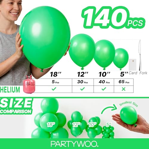 Image of PartyWoo Green Balloons 140pcs Different Sizes of 18 12 10 5 Inch Green Balloon Arch Kit Garland for Birthday Baby Shower Graduation Dinosaur Jungle Golf Football Theme Party Decorations Green-Y24