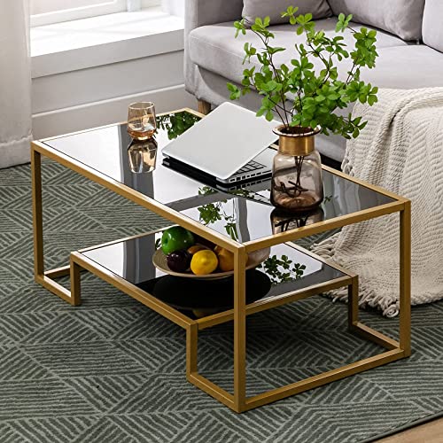 image for COSVALVE Glass Coffee Table, Gold Accent Modern Tempered Glass Side Ta