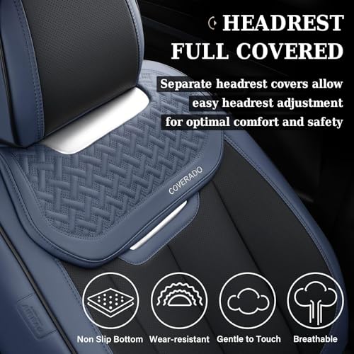 Image of Coverado Front and Back Seat Covers for Cars, Nappa Leather Car Seat Covers Full Set, Waterproof Carseat Protector Seat Cushion, Luxury Automotive Seat Covers Universal Fit for Most Cars(Blue&Black)
