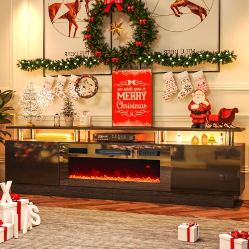 oneinmil Fireplace TV Stand with 36” Electric Fireplace, 2 Tier TV Console Stand for TVs Up to 90'', LED Light Entertainment Center, Fireplace for The Living Room TV Stand, Black, 80''