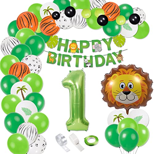 Anniversaire 1 an Decoration Garcon Fille, Ballon Anniversaire 1 an, Deco Anniversaire Garcon Fille, Vert Kit Anniversaire, 1 an Jungle Fete Anniversaire pour Garcon Fille Cover