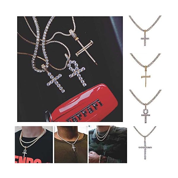 JINAO 18K Gold Plated Iced Out Cubic Zirconia Classic Ankh Nail Mini Cross Egyptian Pendant Necklace Hip Hop Jewelry for Men Women with Stainless Rope Chain - Image 6