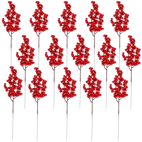 VEYLIN 15 tallos de ramas de bayas rojas de Navidad, púas artificiales de bayas rojas para coronas de Navidad, decoraciones de árboles, manualidades, decoración de bodas y vacaciones del hogar